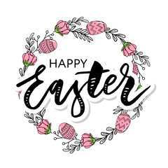 Easter frame with easter eggs hand drawn black on white background. Decorative frame from eggs. Easter eggs with colorful leaves and watercolor dot