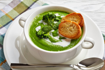 close-up of broccoli cream soup in bowl