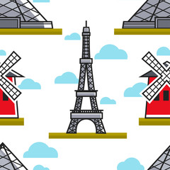Eiffel tower and Moulin Rouge seamless pattern French architecture