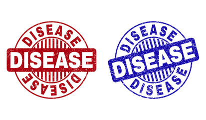 Grunge DISEASE round stamp seals isolated on a white background. Round seals with grunge texture in red and blue colors. Vector rubber watermark of DISEASE caption inside circle form with stripes.