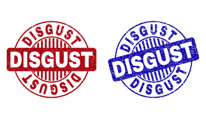 Grunge DISGUST round stamp seals isolated on a white background. Round seals with grunge texture in red and blue colors. Vector rubber imprint of DISGUST text inside circle form with stripes.