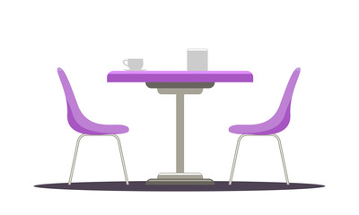 Modern round table with curved chairs. Flat color style vector illustration.