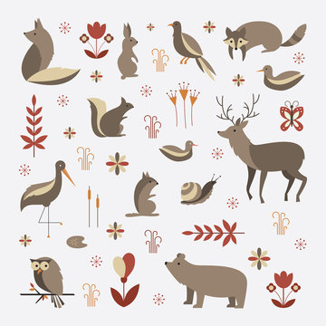 Mammals vector flat illustration, simple forest animals