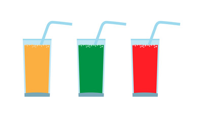 Set of Glass with juice and straw. Carbonated bubbles on surface. Orange, Green and red colors. Vector illustration.