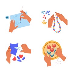 Hands handicraft hobby and art painting cutting embroidery and beads