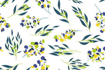 Eucalyptus Vector. Colorful Seamless Pattern with Vector Leaves, Branches and Floral Elements. Elegant Background for Wedding Design, Fabric, Textile, Dress. Eucalyptus Vector in Watercolor Style.