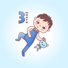 Little baby boy with pink bow and toy bunny. Stages of child development in the first year of life. The third month of a baby boy. Vector Illustration isolated on pink background