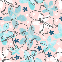 floral seamless pattern with hand drawn watercolor flowers and line art style flowers