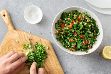 Raw ingredients cooking salad tabouli Healthy food