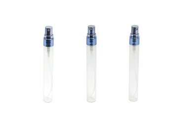 Decorated row empty perfume bottle glass isolated on white background.