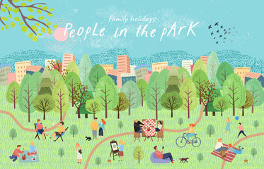People in the park. Vector illustration of people having a rest on a picnic in nature. Drawing by hand active family weekend in the forest by the lake with a barbecue, children's games, walks.Top view - obrazy, fototapety, plakaty