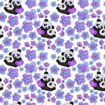 cute panda pattern. background for web and print purpose. marker art  with flowers