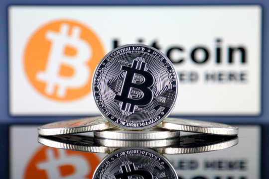 Bitcoin (BTC) and BITCOIN ACCEPTED HERE logo. Mass adoption and increase in the price of cryptocurrencies.