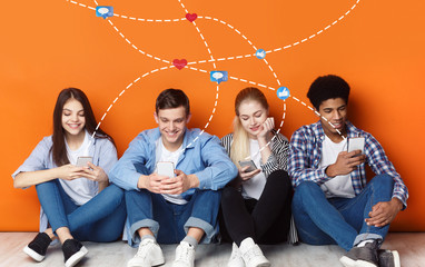 Friends chatting in social networks, using phones