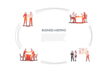 Business meeting - business people making presentations, negociating, making reports, communicating vector concept set