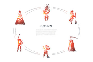 Carnival - people in different traditional costumes for special holidays vector concept set