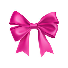 Decorative pink gift bows with ribbons. Mother day design element isolated on white background. Realistic decoration for holidays presents and cards. Elegant object from silk vector illustration.