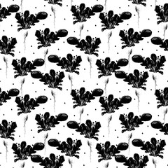 Watercolor Vegan Pattern. Seamless Hand Drawn  Vegetables. Healthy Food Print. Gardening Background. Greenery Repeatable Design for Menu, Restaurant, Salat Bar, Farmers Market. Redish. Vegetarian.