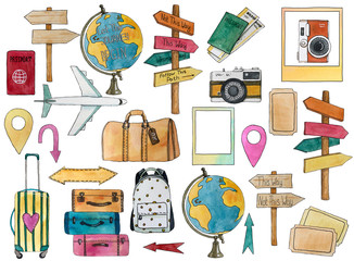 Set of travel elements with airplane, globe, signpost, geo, passport, bags, tickets, cameras, arrows. Hand drawn watercolor illustration.