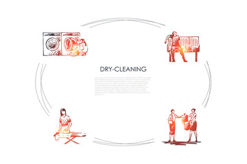 Dry-cleaning - ironing, chemical cleaning, machine washing, drying vector concept set