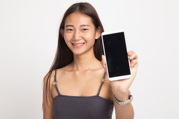 Naklejka premium Young Asian woman with mobile phone.