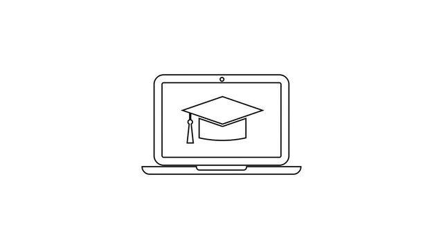 Grey Graduation cap on screen laptop line icon on white background. Online learning or e-learning concept. 4K Video motion graphic animation
