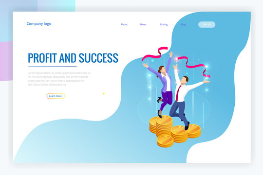 Isometric profit, fortune and success, successful investment concept. Man and woman is glad a lot of money, success, good luck.
