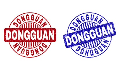 Grunge DONGGUAN round stamp seals isolated on a white background. Round seals with grunge texture in red and blue colors. Vector rubber watermark of DONGGUAN caption inside circle form with stripes.