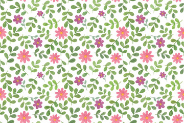 Watercolour hand drawn leaves and rose and purple flowers on the white background. Seamless pattern for different purposes