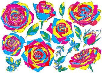 Flowers roses glitch trend, CMYK color buds and green leaves. Set collection. Isolated on white background. Vector illustration.