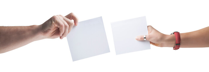 Obraz premium Hands holding, delivering blank piece of paper