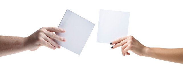 Obraz premium Hands holding, delivering blank piece of paper