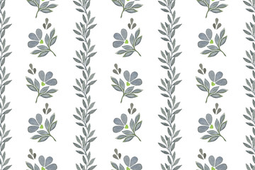 Simple grey fantasy flowers and leaves, abstract floral design, hand drawn botanic set, floral watercolor illustration, seamless pattern with parallel ornament