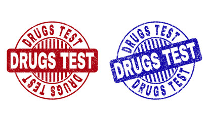Grunge DRUGS TEST round stamp seals isolated on a white background. Round seals with grunge texture in red and blue colors. Vector rubber overlay of DRUGS TEST text inside circle form with stripes.
