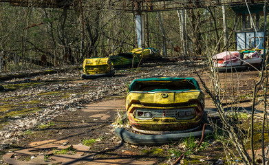  Old abandoned attraction in the city of Pripyat, Ukraine. The consequences of a nuclear explosion at the Chernobyl nuclear power plant. Ghost town