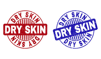 Grunge DRY SKIN round stamp seals isolated on a white background. Round seals with grunge texture in red and blue colors. Vector rubber imprint of DRY SKIN tag inside circle form with stripes.
