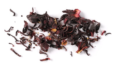 Pile of dry hibiscus flowers isolated on white background, top view