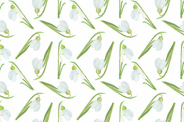 Handdrawn watercolor snowdrop flowers seamless pattern, holiday decoration, flower ornament for wedding design, scrapbooking, wrapping paper, ornament for any occasion