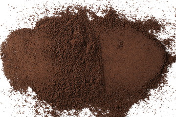 Ground, milled coffee for espresso isolated on white background, top view