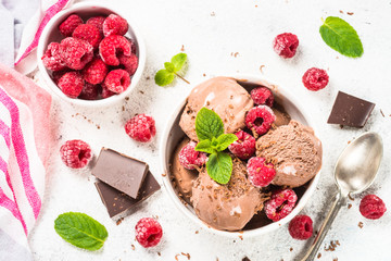 Chocolate ice cream with raspberries.