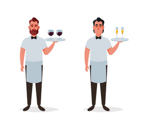 Waiters Holding a Tray with Drinks. Cartoon Style. Vector Illustration