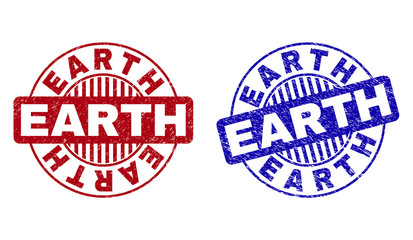 Grunge EARTH round stamp seals isolated on a white background. Round seals with grunge texture in red and blue colors. Vector rubber imprint of EARTH label inside circle form with stripes.