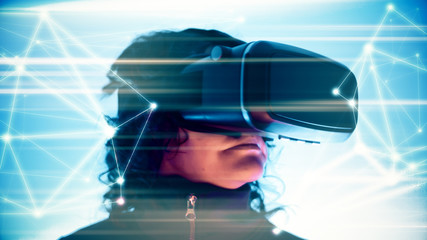 Girl playing vr video game, innovation virtual reality concept
