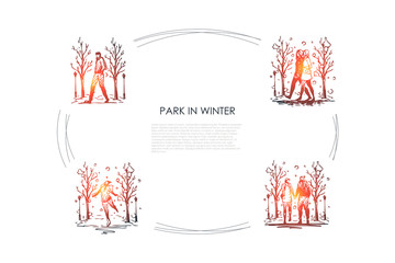 Park in winter - people walking in park in winter vector concept set