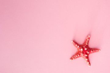 Fototapeta na wymiar Sea star symbol of summer holiday on the beach on a pink background. Top view and copy space.