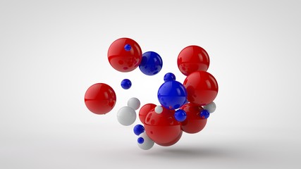 3D illustration of many colored balls of different sizes in one group. Red, blue and white spheres isolated on white background. Abstract image, 3D rendering