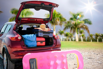 Summer car and palms background. 