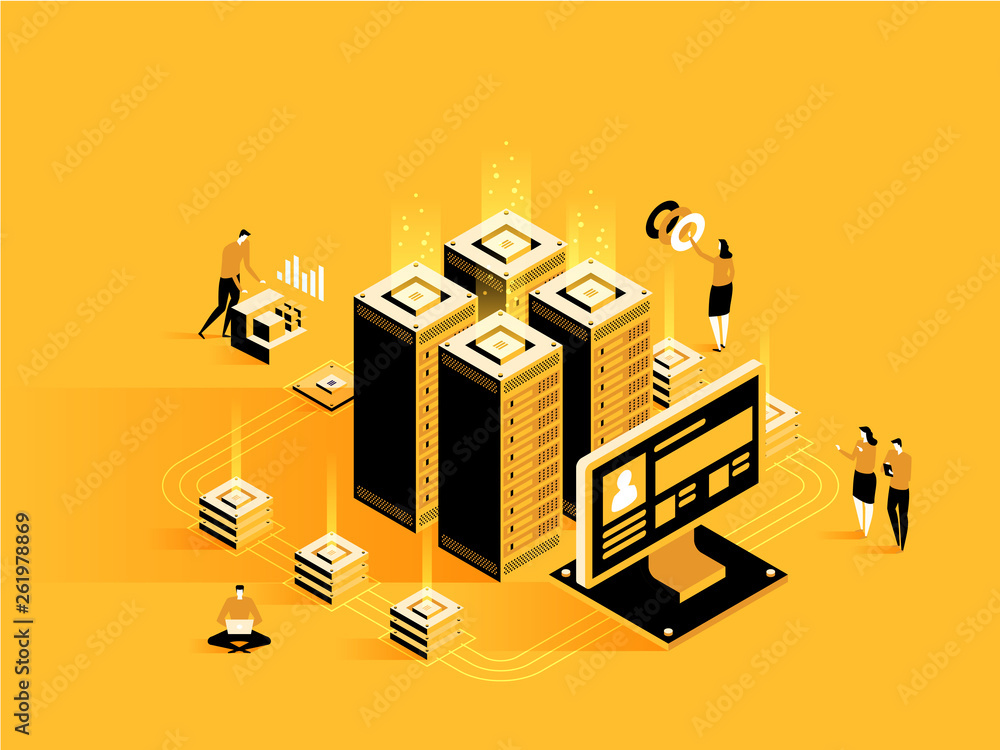 Poster technology concept. internet datacenter connection, administrator of web hosting.