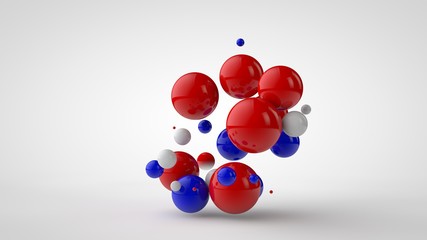 3D illustration of many colored balls of different sizes in one group. Red, blue and white spheres isolated on white background. Abstract image, 3D rendering
