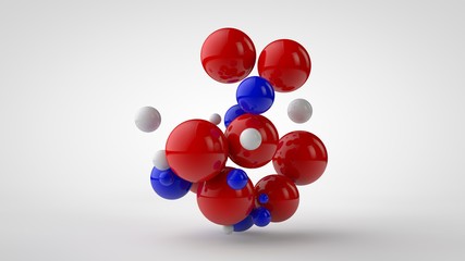 3D illustration of many colored balls of different sizes in one group. Red, blue and white spheres isolated on white background. Abstract image, 3D rendering